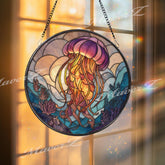 Jellyfish Stained Glass Suncatcher, Round Ocean Window Panel with Flowing Tentacles and Coral Reef, Unique Underwater Home Decor